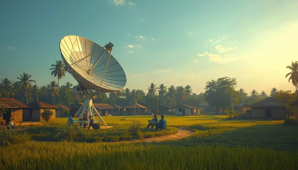 Starlink satellite dish installed in a rural Indian village, small houses, greenery, clear sky, people using laptops and smartphones